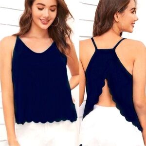 Shein chiffon navy scalloped edge open back crop top ❤️